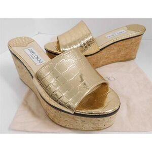 Jimmy Choo Deedee Gold Embossed Leather Cork Espadrille Slide Wedge Heels 39‎